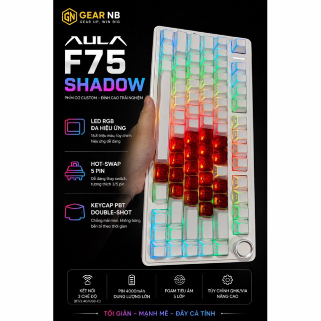 [Hoả tốc] Bàn phím cơ Aula F75 full phím mạch xuôi LED RGB 3 mode kết nối hotswap 5 pin bàn phím Aula F75 | BigBuy360 - bigbuy360.vn
