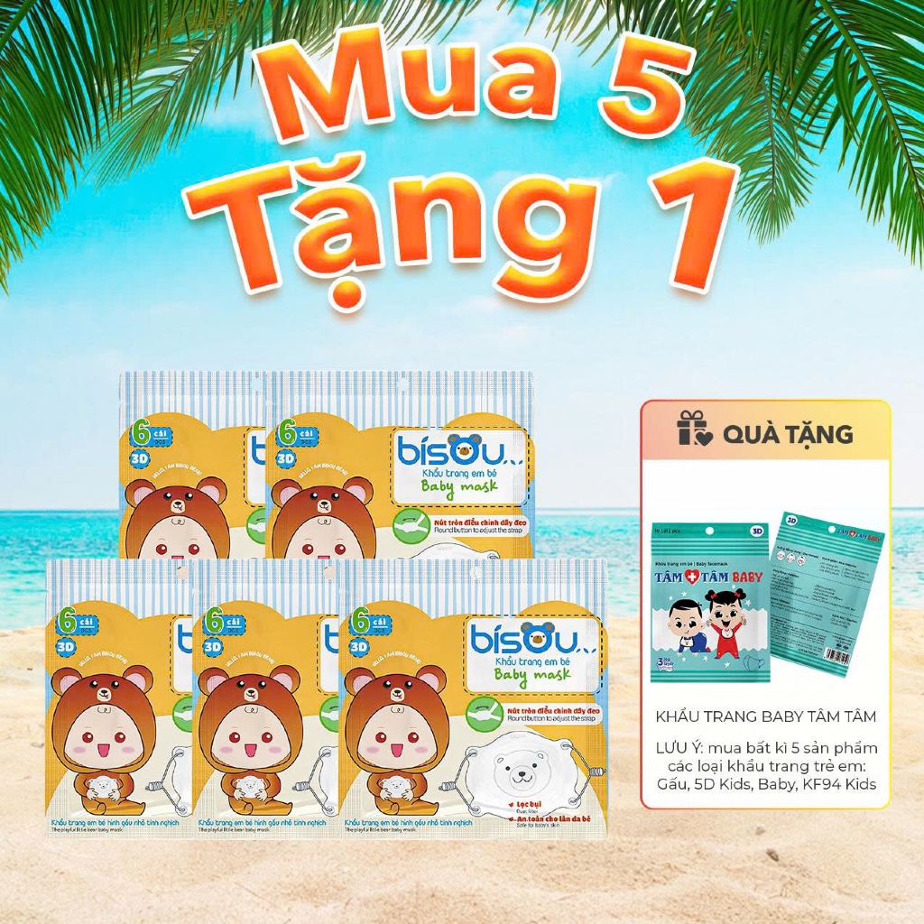 Túi 6 cái khẩu trang Gấu BISOU dành cho bé sơ sinh 0-3 tuổi