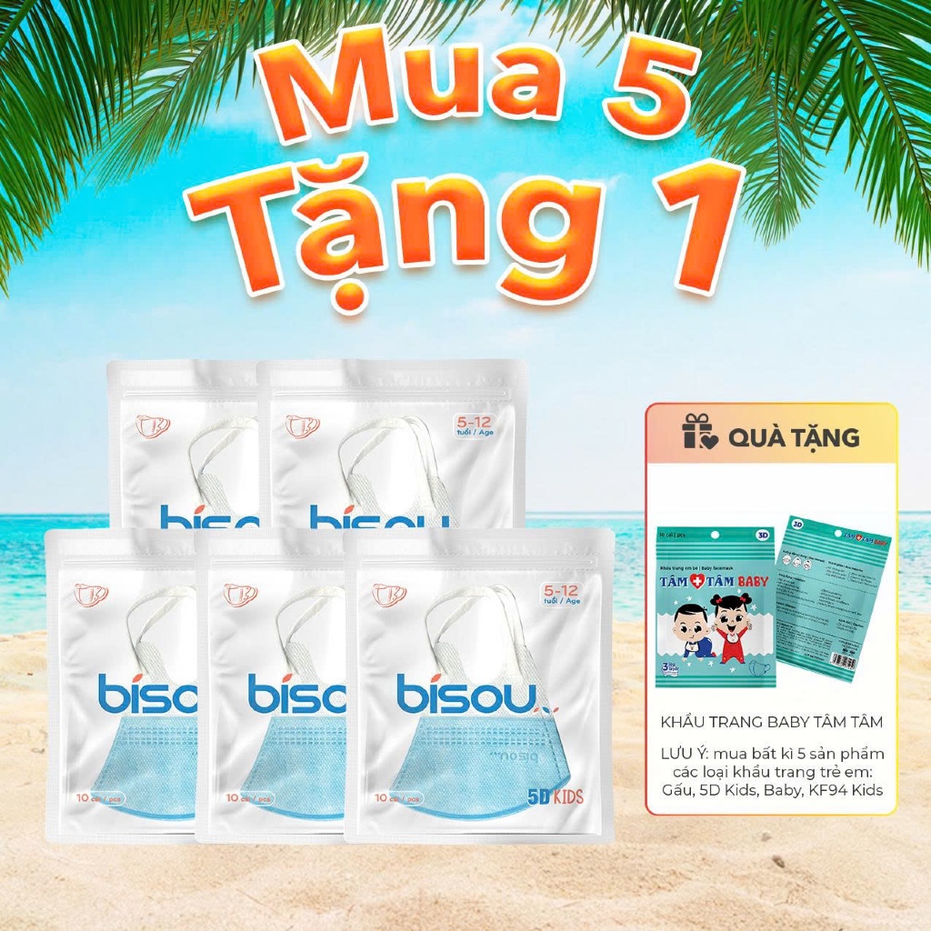 Túi 10 cái khẩu trang cao cấp 5D kids hiệu BISOU