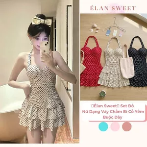 【Élan Sweet】 Set Đồ Nữ Dạng Váy Chấm Bi Cổ Yếm Buộc Dây - Váy 3 Tầng Xòe Nhún Ngực Tôn Dáng Đi Biển Có Quần Trong