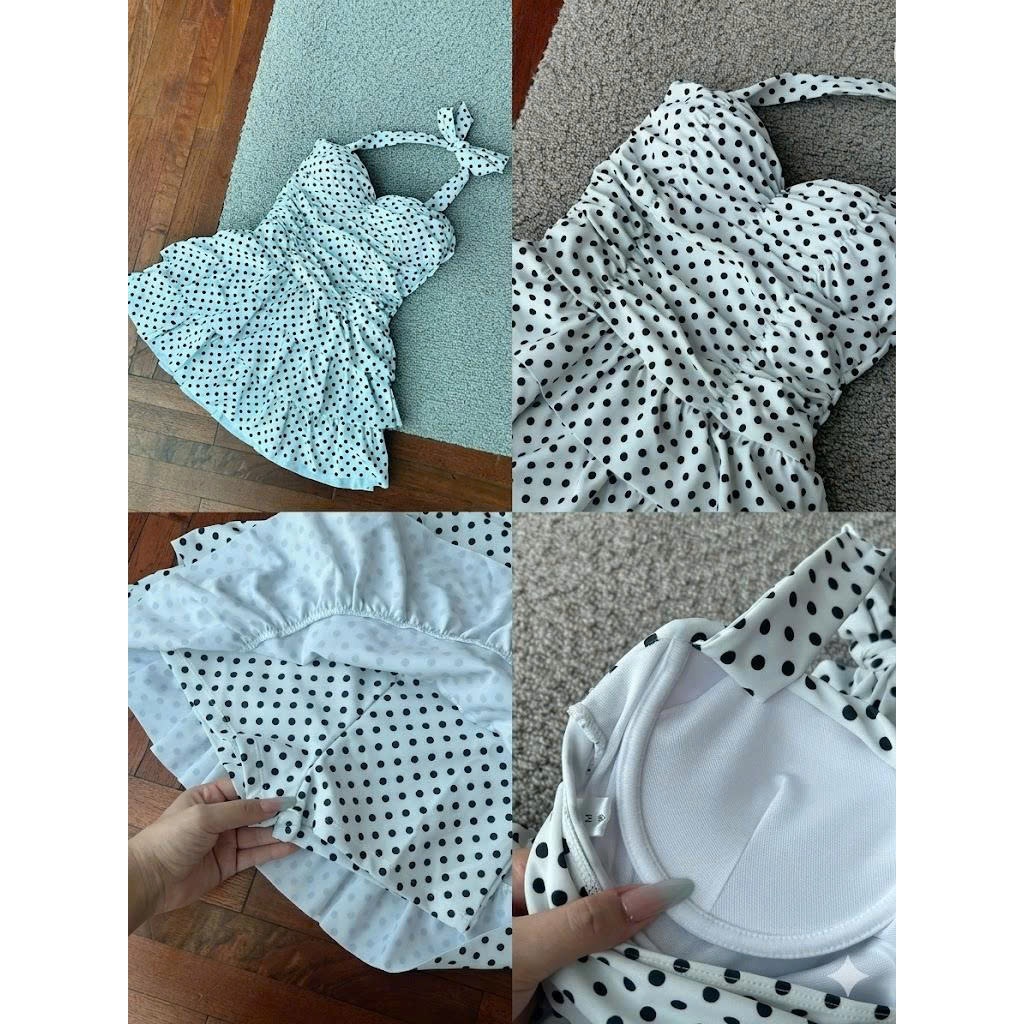 【Élan Sweet】 Set Đồ Nữ Dạng Váy Chấm Bi Cổ Yếm Buộc Dây - Váy 3 Tầng Xòe Nhún Ngực Tôn Dáng Đi Biển Có Quần Trong