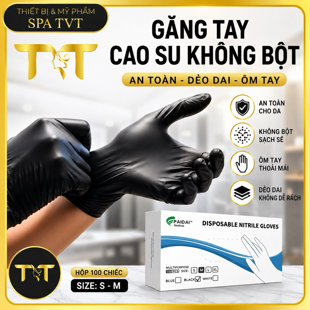 Găng Tay Đen PVC Hộp 100 Cái Size S M – Không Bột, Dùng Cho Phun Xăm, Tattoo, Spa, Thẩm Mỹ