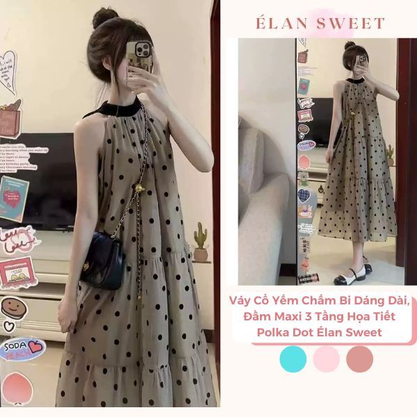 Váy Cổ Yếm Chấm Bi Dáng Dài, Đầm Maxi 3 Tầng Họa Tiết Polka Dot Đi Biển Dạo Phố Xinh Xắn Élan Sweet