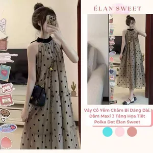 Váy Cổ Yếm Chấm Bi Dáng Dài, Đầm Maxi 3 Tầng Họa Tiết Polka Dot Đi Biển Dạo Phố Xinh Xắn Élan Sweet