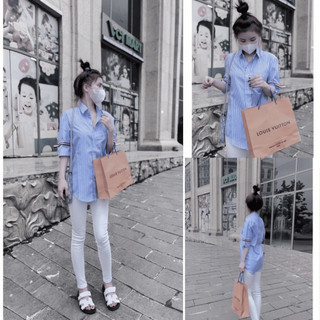 Áo Sơ Mi Nữ Kẻ Xanh Thom Mei clothing shop - Cộc Tay Mát Mẻ - Viền Nẹp 3 Màu Sang Xịn Hack Tuổi