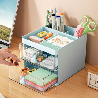 Kệ Để Bàn Mini Đa Năng 2 Tầng Ngăn Kéo Trong Suốt Núm Thỏ - Tủ Đựng Mỹ Phẩm, Dụng Cụ Học Tập Decor Bàn Học Xinh Xắn