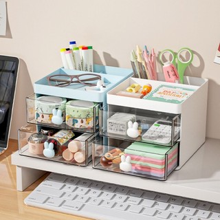 Kệ Để Bàn Mini Đa Năng 2 Tầng Ngăn Kéo Trong Suốt Núm Thỏ - Tủ Đựng Mỹ Phẩm, Dụng Cụ Học Tập Decor Bàn Học Xinh Xắn