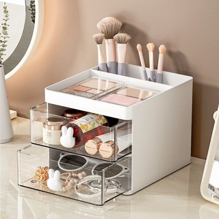 Kệ Để Bàn Mini Đa Năng 2 Tầng Ngăn Kéo Trong Suốt Núm Thỏ - Tủ Đựng Mỹ Phẩm, Dụng Cụ Học Tập Decor Bàn Học Xinh Xắn