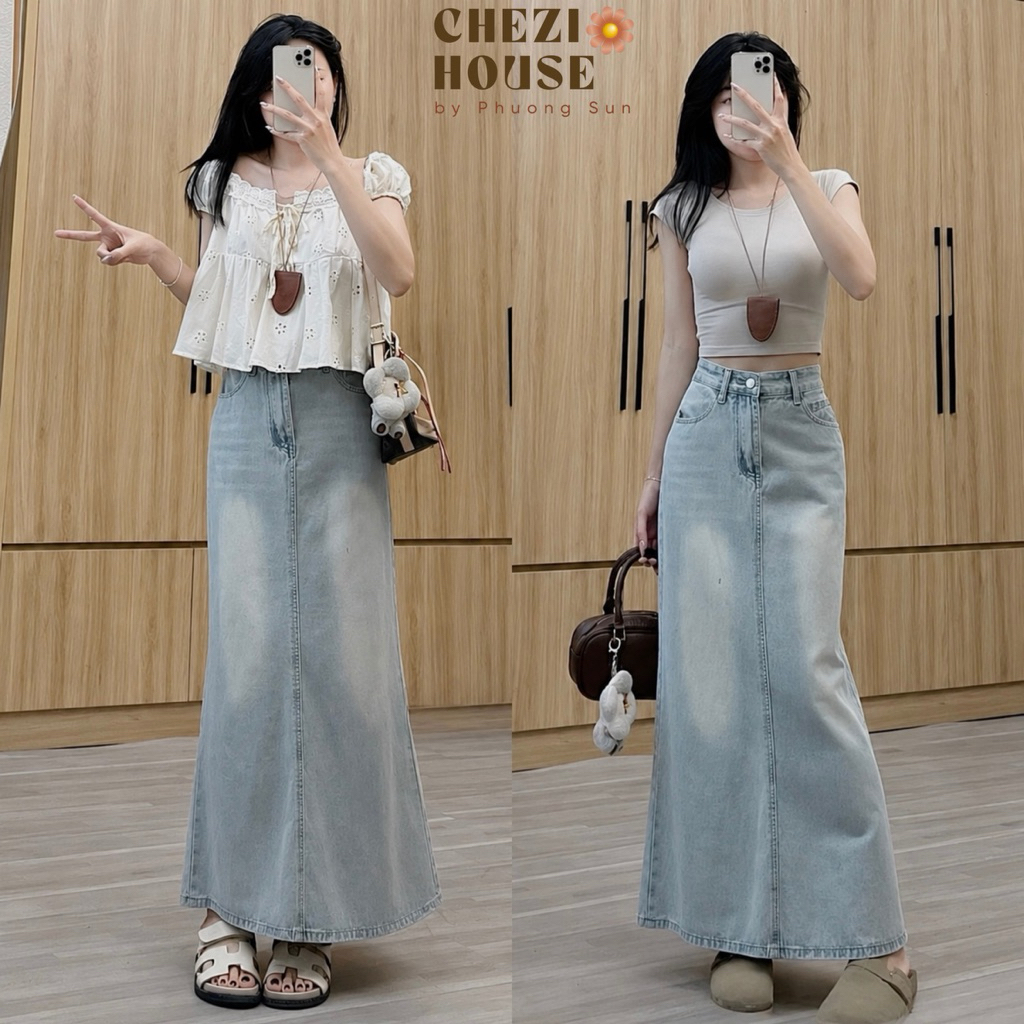 Chân Váy Jean Dáng Dài CHEZIHOUSE- BẢN ĐẸP Form Suông Đuôi Cá Xẻ Sau Dài 86cm-93cm #7915 4 màu siêu đep