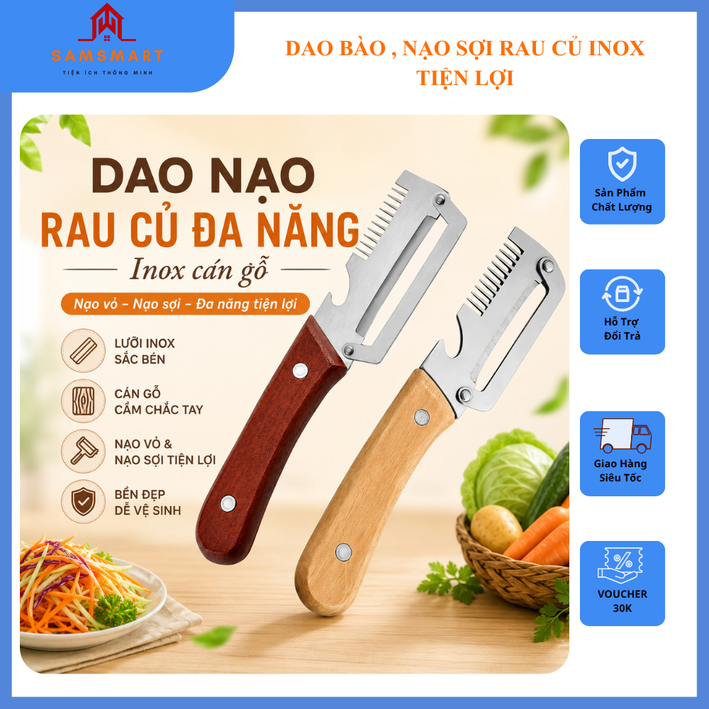 Dao Nạo Rau Củ Đa Năng Inox Cán Gỗ - Dao Bào Rau Củ Nạo Vỏ Nạo Sợi Cà Rốt Khoai Tây Dưa Leo