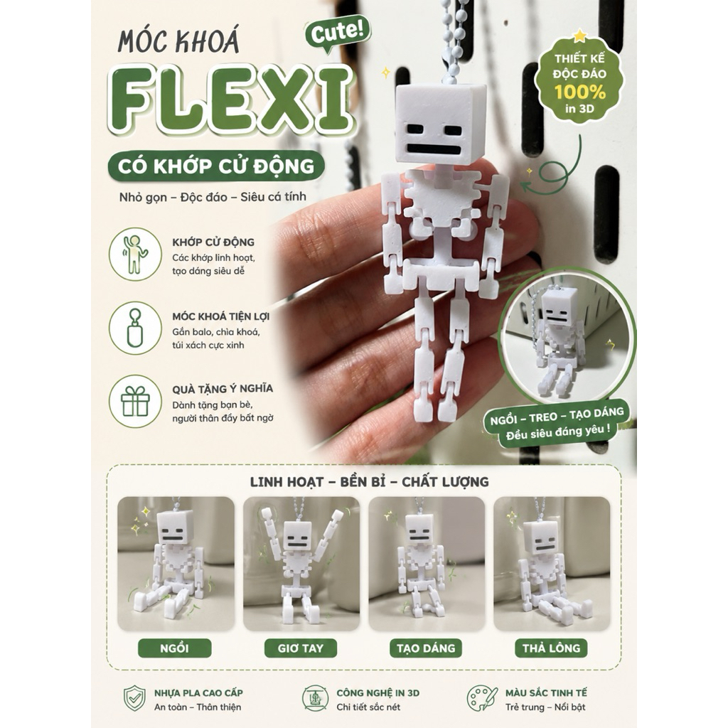 Móc Khóa Minecrraft Flexi In 3D Mini Có Khớp Cử Động Dễ Thương