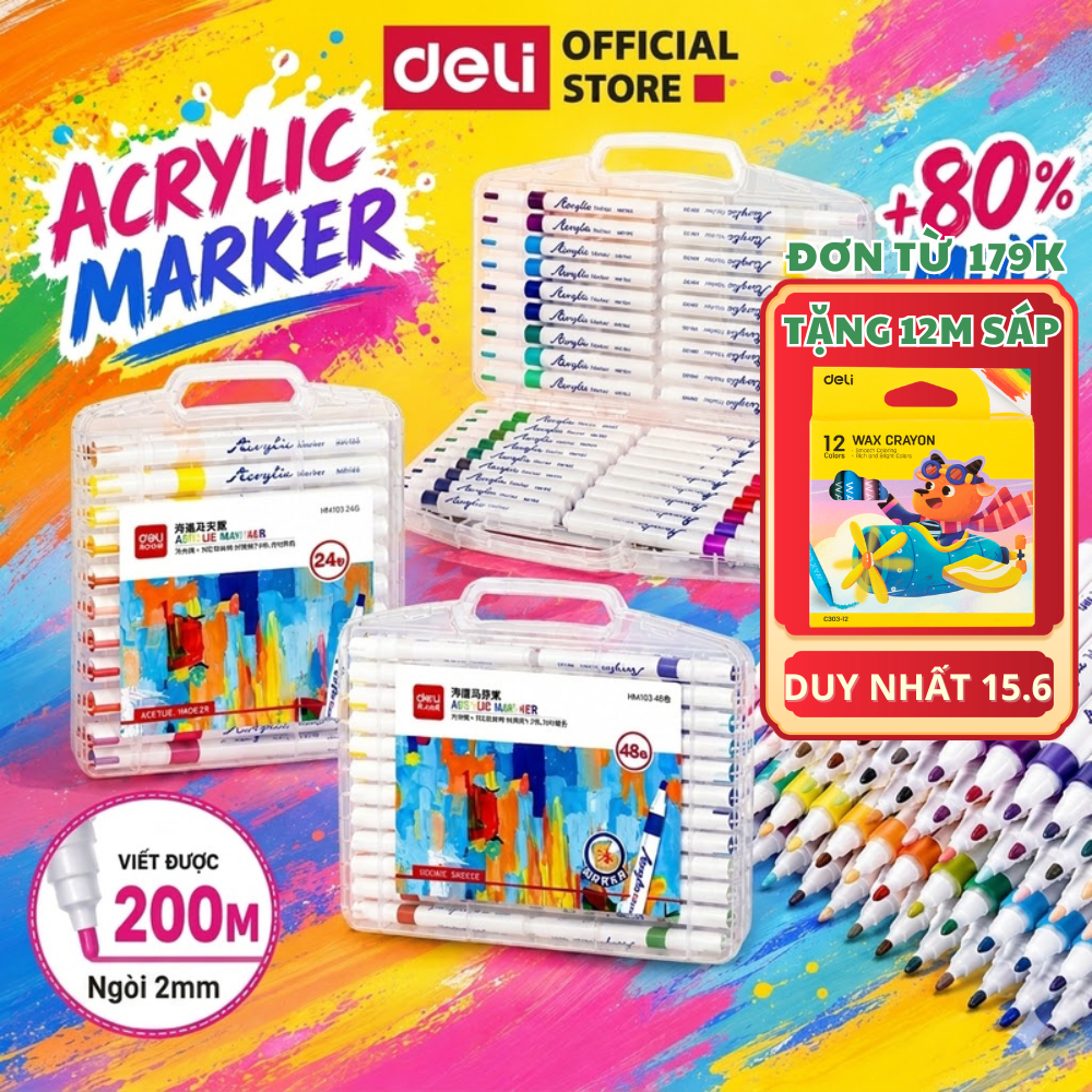 [MUA 1 TẶNG 12] Bút Sơn Acrylic Marker Deli TĂNG 80% MỰC Tiết Kiệm 12/24/36/48/64/80 Màu Vẽ Mọi Chất Liệu