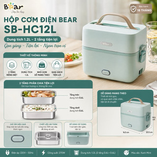 ( HCM HỎA TỐC 2H ) Hộp Cơm Điện Bear SB-HC12L Dung Tích 1.2L, Phân Chia 2 Tầng Thuận Tiện, Thiết Kế Nhỏ Gọn, Đa Đăng
