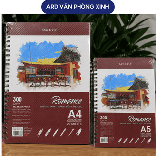 Sổ lò xo giấy vẽ Takeyo Romance A4 300gsm 20 tờ, giấy mỹ thuật đa năng vẽ màu nước marker acrylic S2