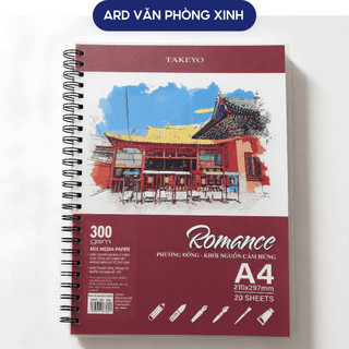 Sổ lò xo giấy vẽ Takeyo Romance A4 300gsm 20 tờ, giấy mỹ thuật đa năng vẽ màu nước marker acrylic S2