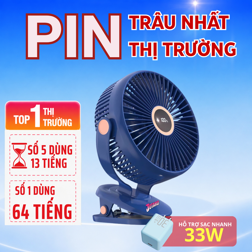 Quạt Tích Điện Kẹp LOẠI TO JOTARO J28 Pin Siêu Trâu 60Giờ, Hiện thị %pin, Dung Lượng Pin lớn, Lồng quạt 20cm