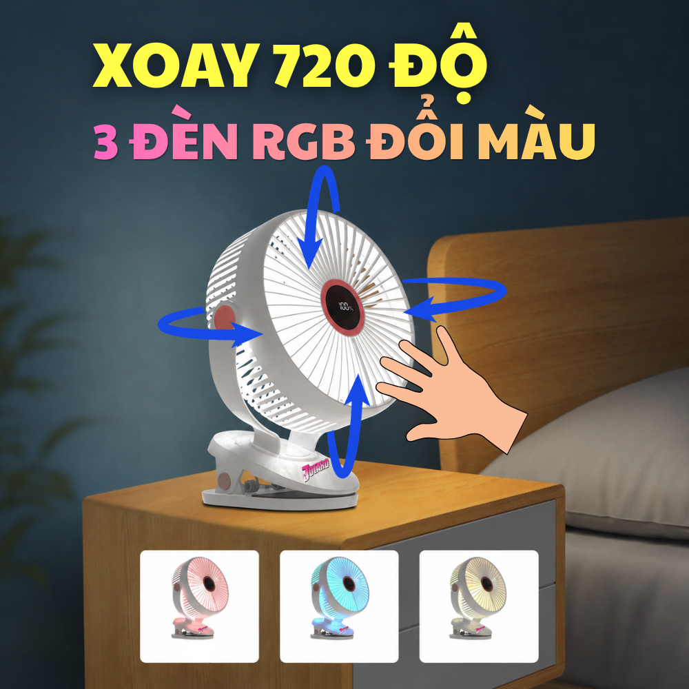 Quạt Tích Điện Kẹp LOẠI TO JOTARO J28 Pin Siêu Trâu 60Giờ, Hiện thị %pin, Dung Lượng Pin lớn, Lồng quạt 20cm
