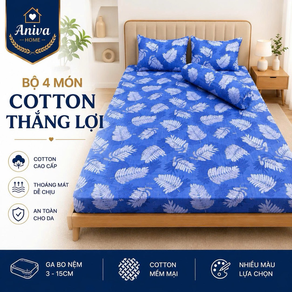 Bộ Ga Gối Cotton Thắng Lợi 4 Món Size 1m6 Aniva Home - Ga Bo Nệm 3-15cm, Cotton Mềm Mại Thoáng Mát