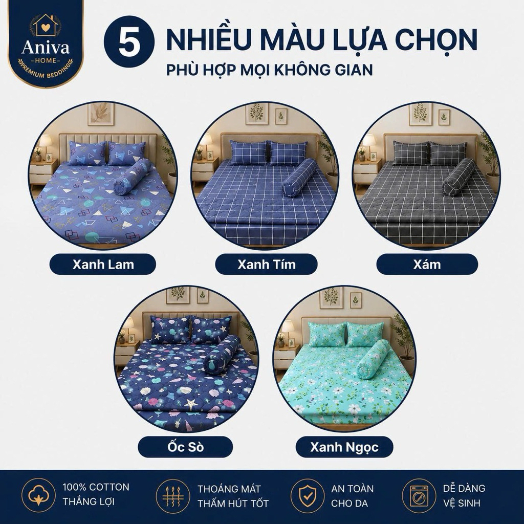 Bộ Ga Gối Cotton Thắng Lợi 4 Món Size 1m6 Aniva Home - Ga Bo Nệm 3-15cm, Cotton Mềm Mại Thoáng Mát