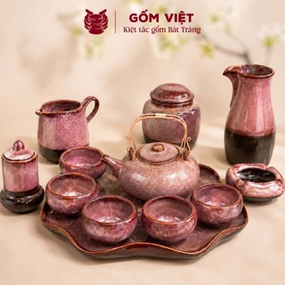Bộ ấm chén, trà men hỏa biến Hồng Trà cao cấp kèm khay sen lượn - Gốm sứ Bát Tràng - Gốm Việt