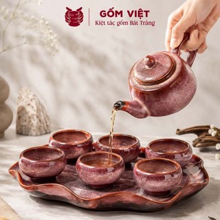 Bộ ấm chén, trà men hỏa biến Hồng Trà cao cấp kèm khay sen lượn - Gốm sứ Bát Tràng - Gốm Việt