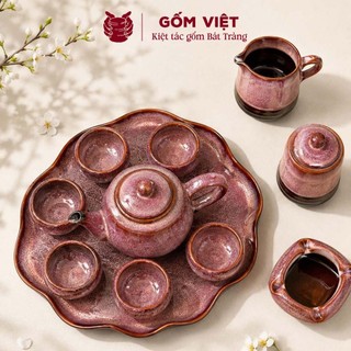 Bộ ấm chén, trà men hỏa biến Hồng Trà cao cấp kèm khay sen lượn - Gốm sứ Bát Tràng - Gốm Việt