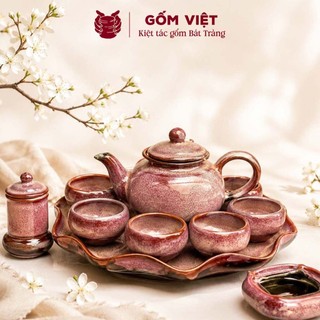 Bộ ấm chén, trà men hỏa biến Hồng Trà cao cấp kèm khay sen lượn - Gốm sứ Bát Tràng - Gốm Việt