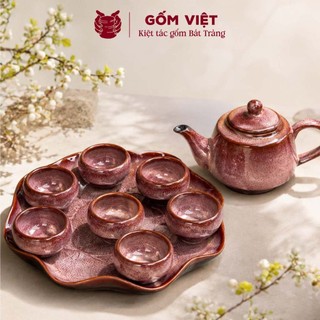 Bộ ấm chén, trà men hỏa biến Hồng Trà cao cấp kèm khay sen lượn - Gốm sứ Bát Tràng - Gốm Việt