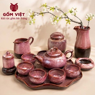 Bộ ấm chén, trà men hỏa biến Hồng Trà cao cấp kèm khay sen lượn - Gốm sứ Bát Tràng - Gốm Việt