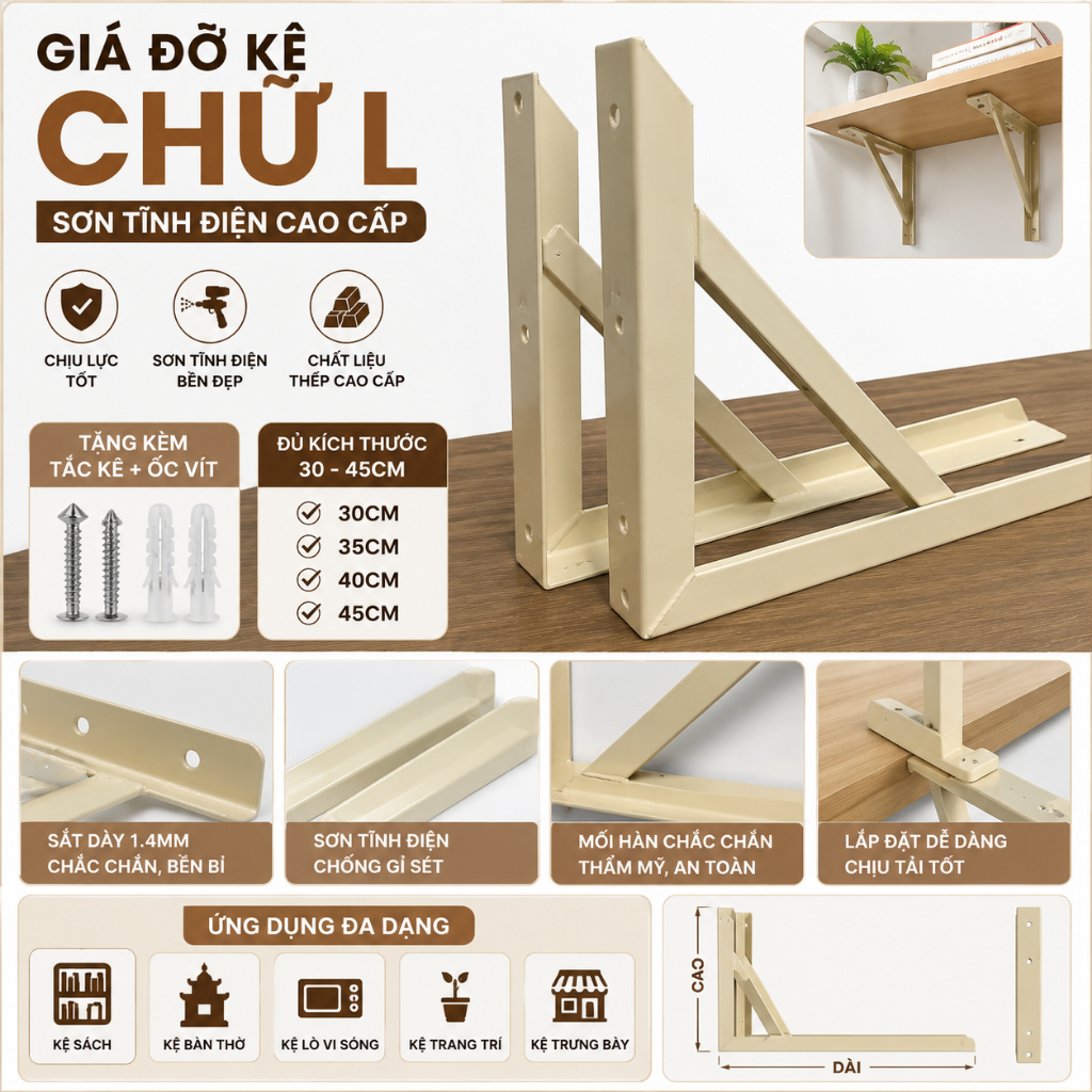 Pát Chữ L Đỡ Kệ Treo Tường Cao Cấp – Ke Góc Chữ L Chịu Tải Nặng Size 30cm-45cm