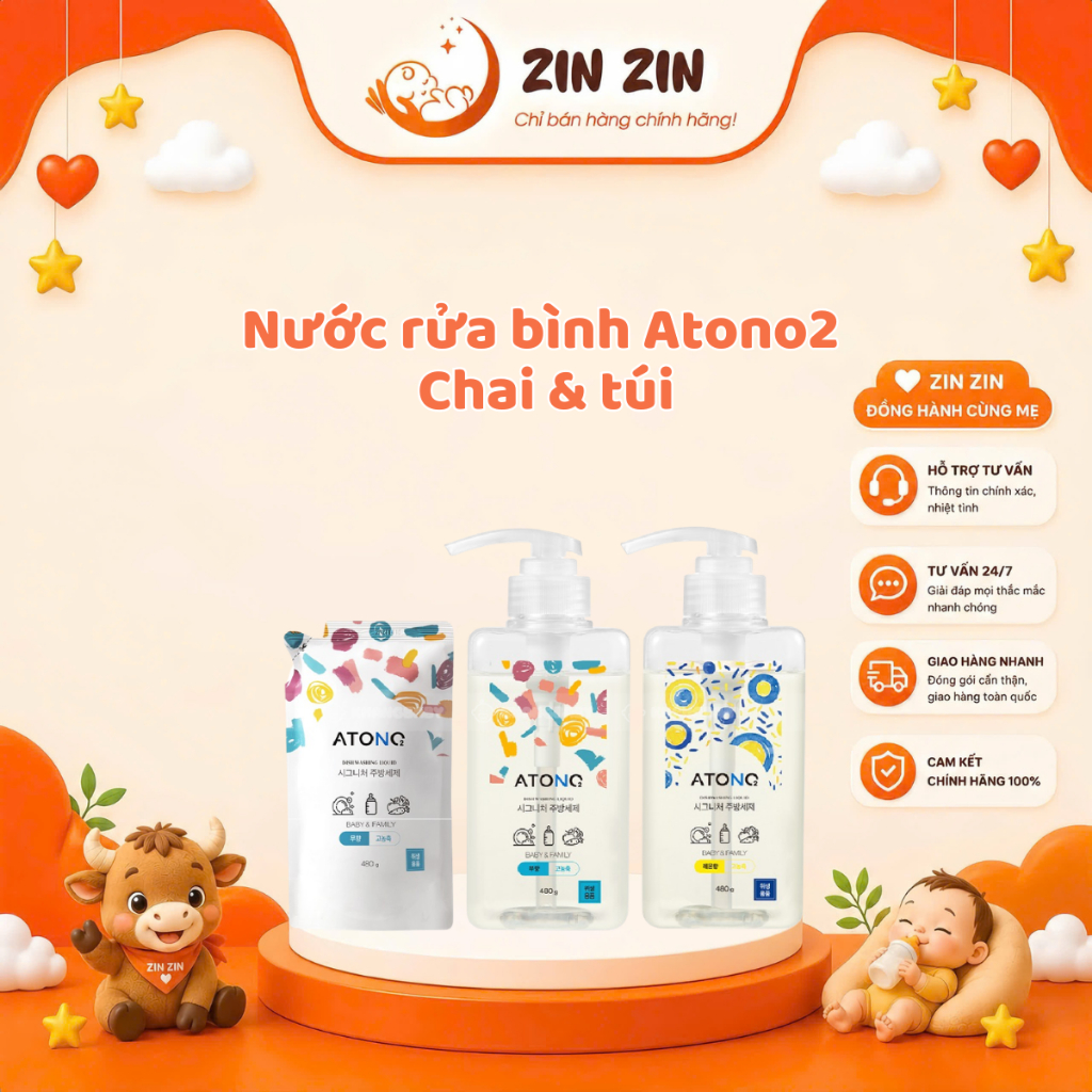 Nước rửa bình sữa Atono2 480g Hàn quốc, nước rửa bát và rau củ thuần chay, an toàn cho bé sơ sinh