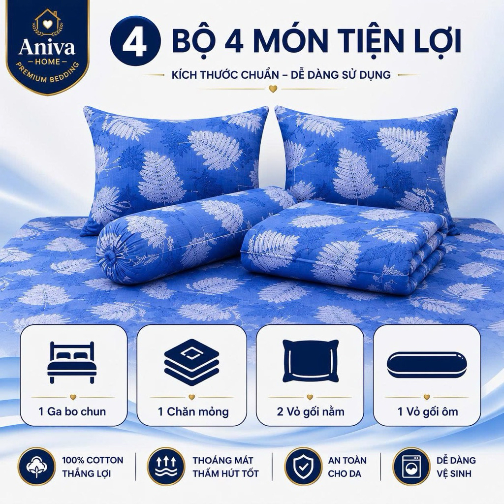 Bộ Ga Gối Cotton Thắng Lợi 4 Món Size 1m6 Aniva Home - Ga Bo Nệm 3-15cm, Cotton Mềm Mại Thoáng Mát