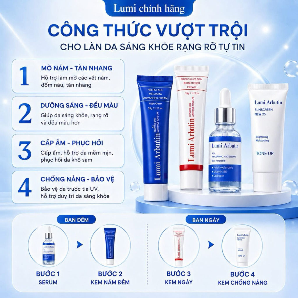 Kem Nám Ngày Đêm Lumi Arbutin  Giảm Thâm Mờ Nám Sáng Da Đều Màu Bộ 4 Món