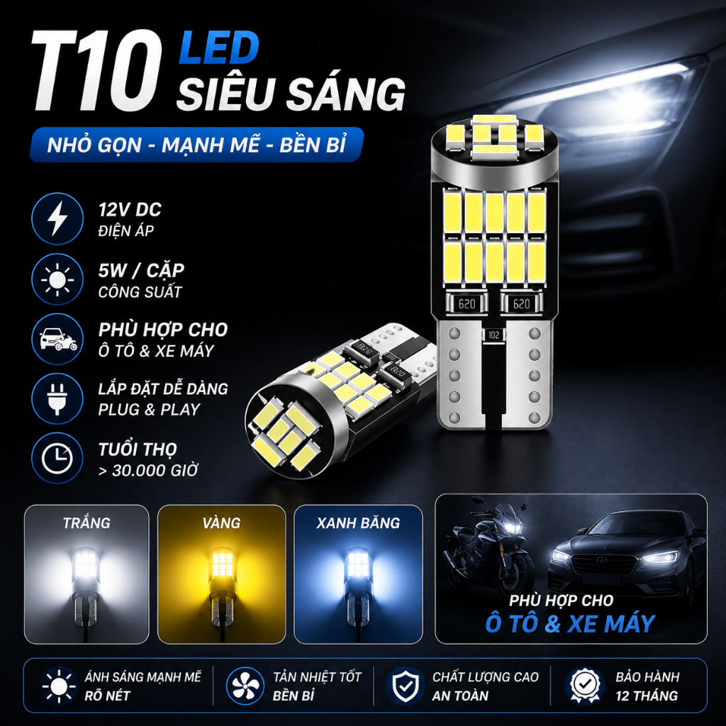 LUXCORE Đèn LED T10 W5W Siêu Sáng, Dùng Làm Đèn Demi, Đèn Biển Số, Đèn Nội Thất Cắm Là Dùng, Không Cần Độ Chế, Ánh Sáng