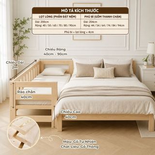 Giường Trẻ Em 2m Có Thanh Chặn Dọc Giường Ghép Khổ Lớn Cho Bé Ngủ Riêng Hoặc Ngủ Cùng Bố Mẹ