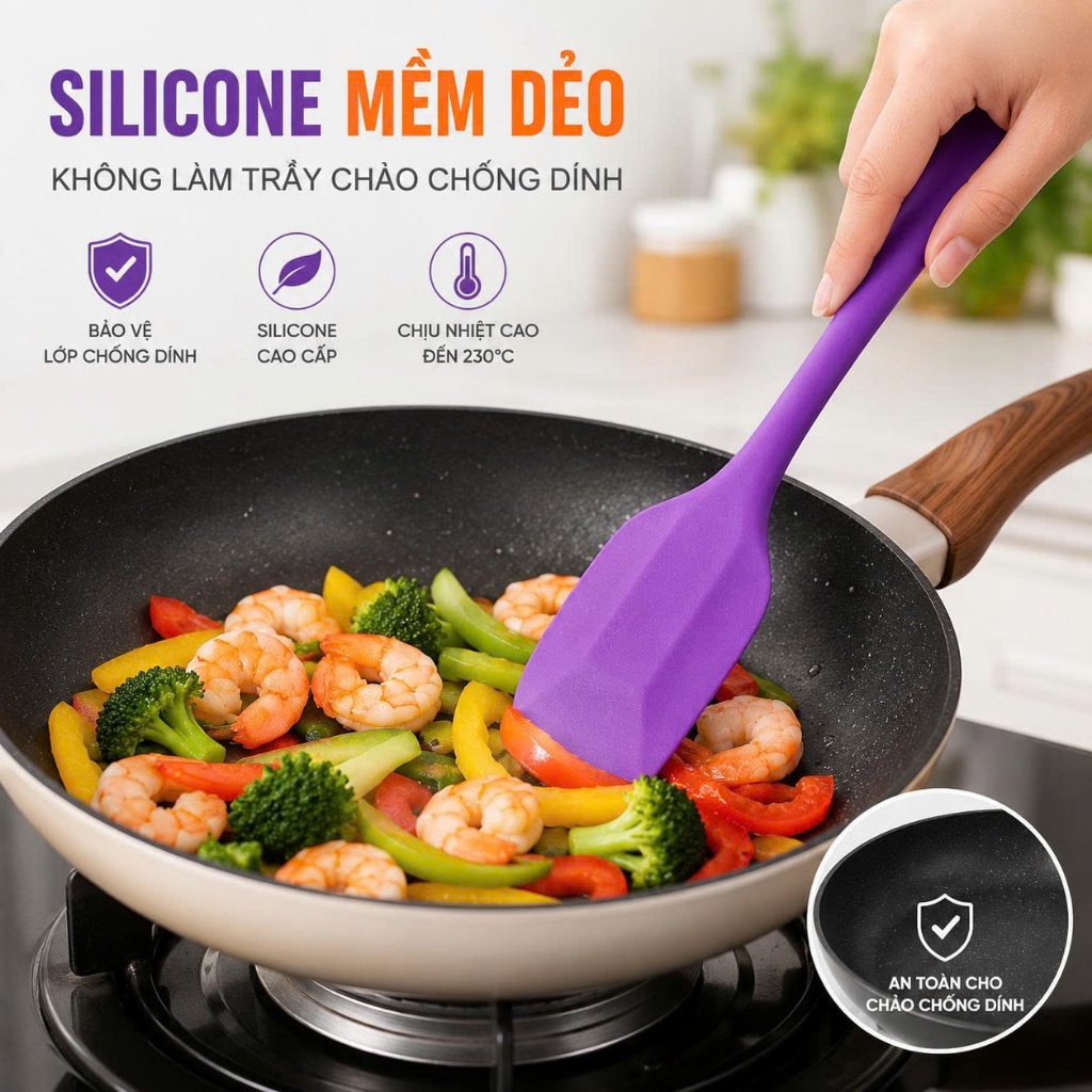 Phới Dẹt Silicon Chịu Nhiệt Cao, Xẻng Trộn Bột Đa Năng, Dụng Cụ Lật Chiên Rán Chống Dính Nhà Bếp