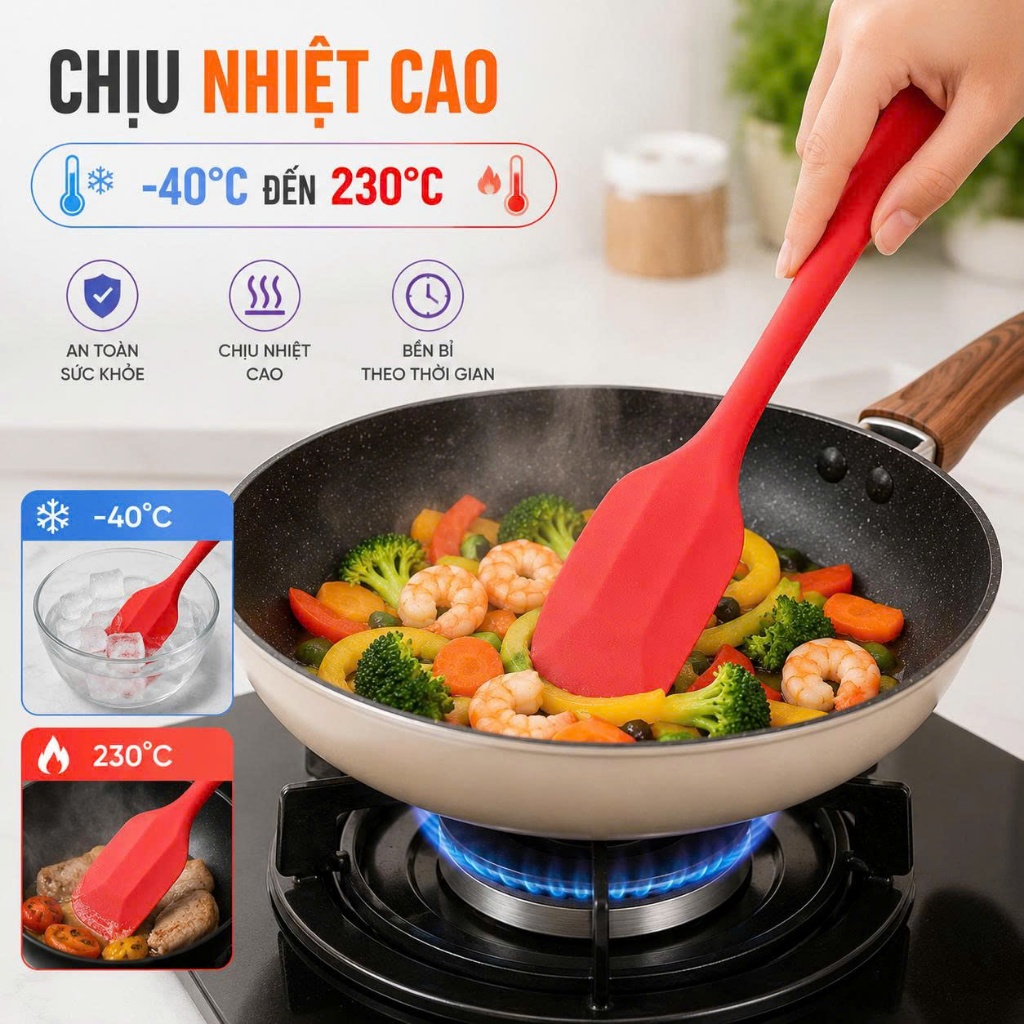 Phới Dẹt Silicon Chịu Nhiệt Cao, Xẻng Trộn Bột Đa Năng, Dụng Cụ Lật Chiên Rán Chống Dính Nhà Bếp