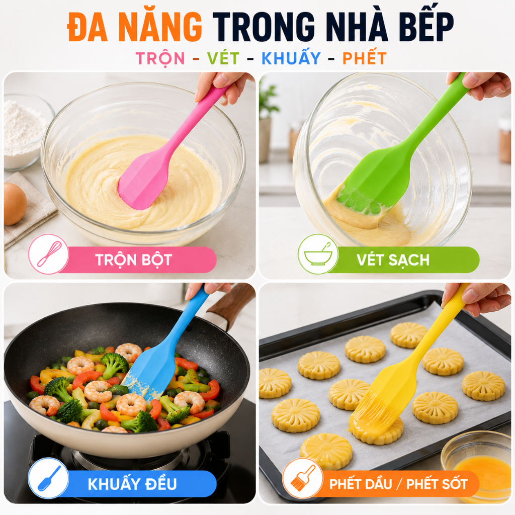 Phới Dẹt Silicon Chịu Nhiệt Cao, Xẻng Trộn Bột Đa Năng, Dụng Cụ Lật Chiên Rán Chống Dính Nhà Bếp