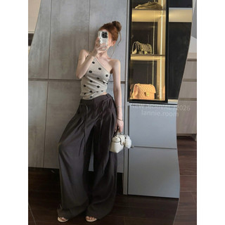 Set Áo Chéo Vai Chấm Bi Chiết Eo Mix Quần Dài Suông Lannie