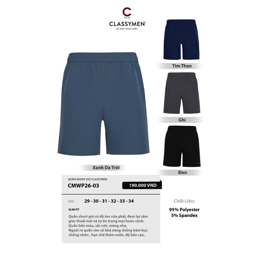 Quần Short Thể Thao Nam CLASSYMEN Mát, Nhẹ Phong Cách Khỏe Khoắn CMWP26-03