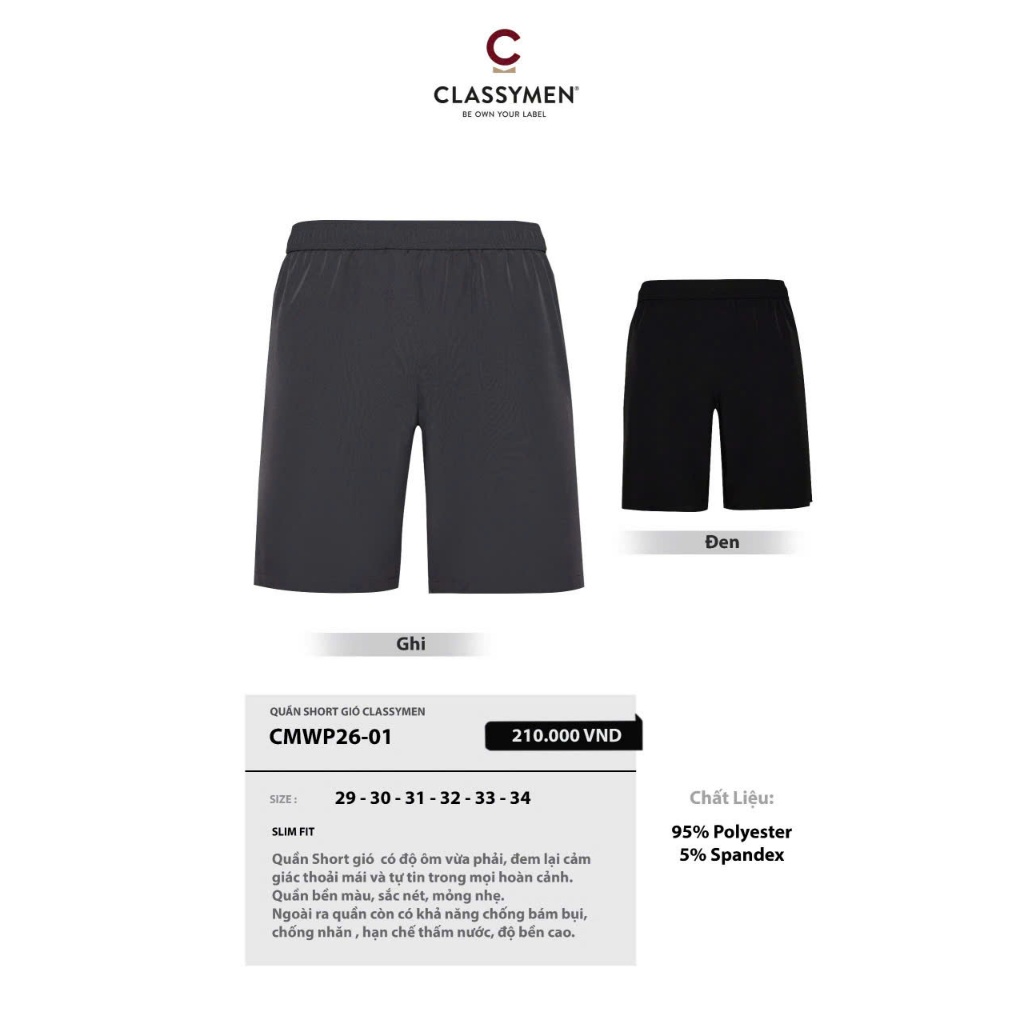 Quần Short Thể Thao Nam CLASSYMEN Mát, Nhẹ Phong Cách Khỏe Khoắn CMWP26-03