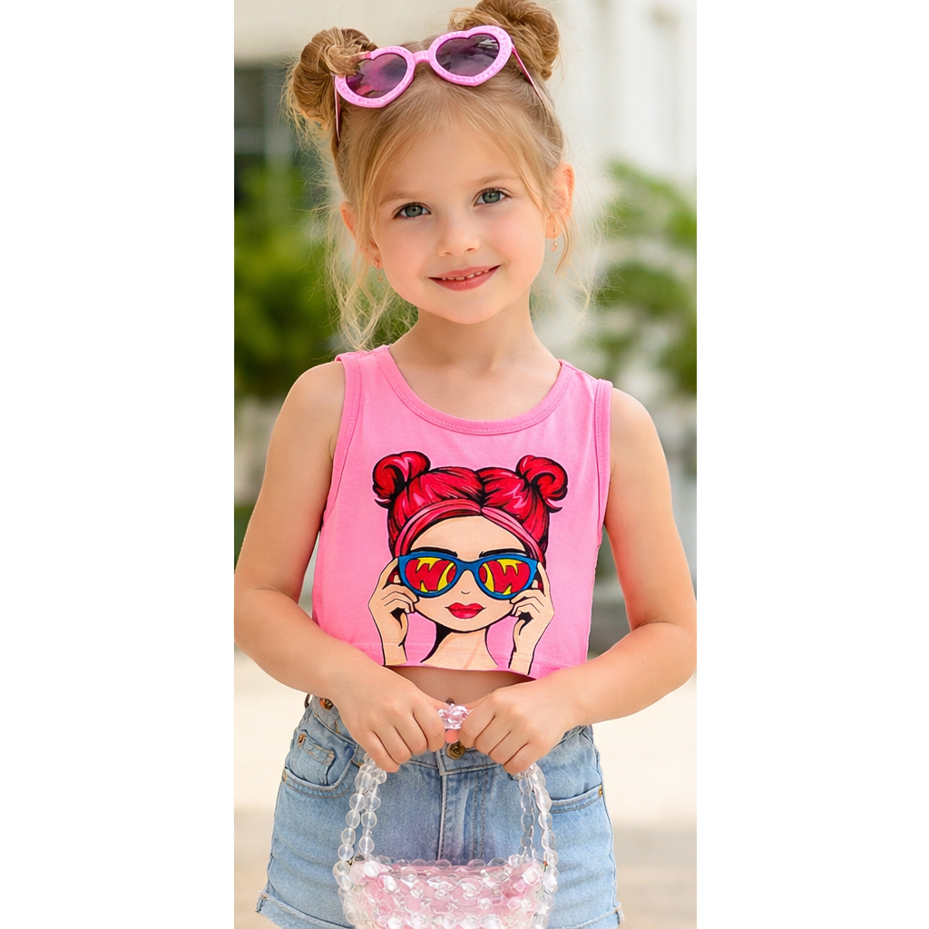 Combo 2 Áo Thun Croptop Bé Gái Cotton Co Giãn 4 Chiều Mềm Mịn, Áo Sát Nách In Hình Dễ Thương
