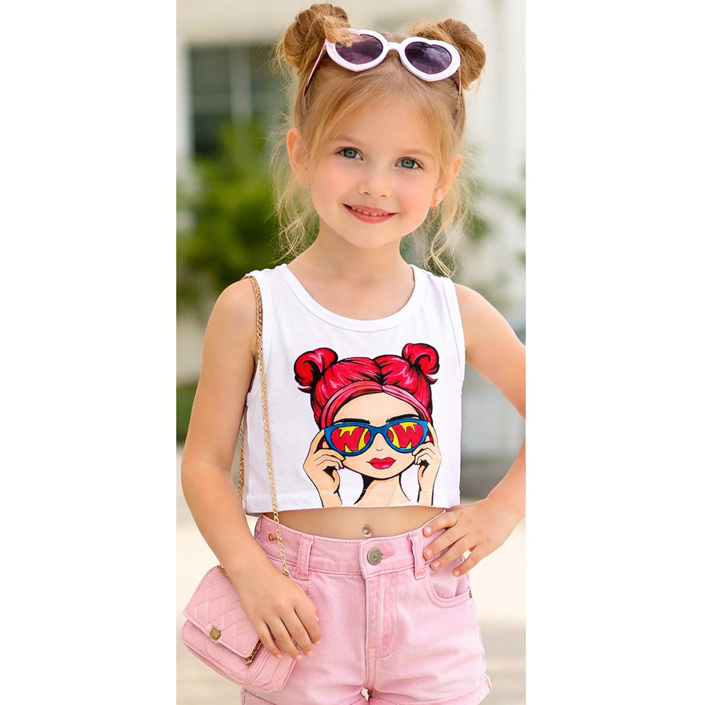 Combo 2 Áo Thun Croptop Bé Gái Cotton Co Giãn 4 Chiều Mềm Mịn, Áo Sát Nách In Hình Dễ Thương