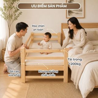 Giường Ghép Trẻ Em 2m Có Thanh Chặn Ngang Chống Lăn Rơi Giường Rộng Cho Bé Và Phụ Huynh