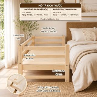 Giường Ghép Trẻ Em 2m Có Thanh Chặn Ngang Chống Lăn Rơi Giường Rộng Cho Bé Và Phụ Huynh