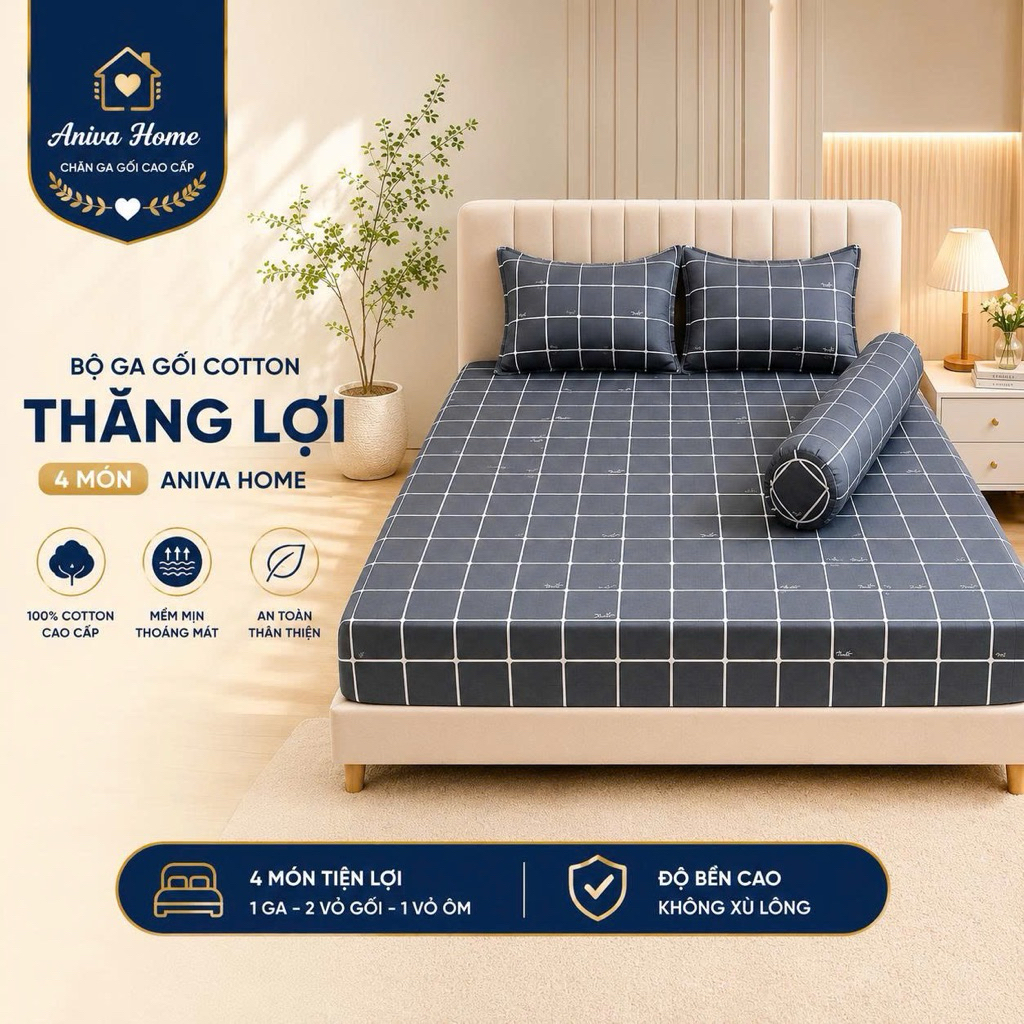 Bộ Ga Gối Cotton Thắng Lợi 4 Món 1m8x2m Aniva Home, Ga Chun Bọc Nệm 3-15cm, Cotton Cao Cấp