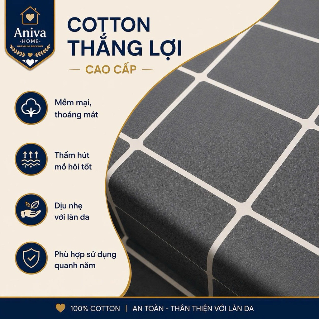 Bộ Ga Gối Cotton Thắng Lợi 4 Món 1m8x2m Aniva Home, Ga Chun Bọc Nệm 3-15cm, Cotton Cao Cấp