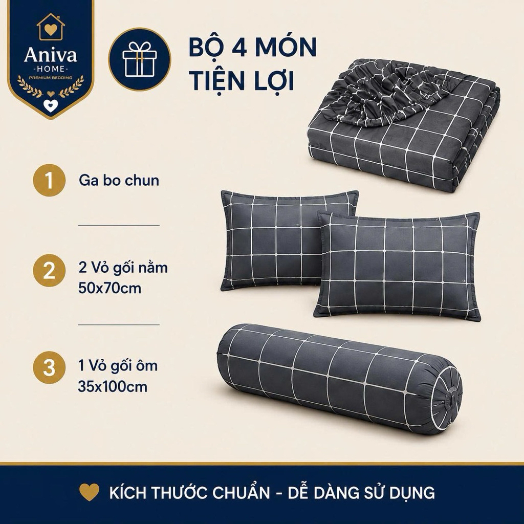 Bộ Ga Gối Cotton Thắng Lợi 4 Món 1m8x2m Aniva Home, Ga Chun Bọc Nệm 3-15cm, Cotton Cao Cấp