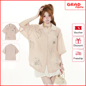 Áo sơ mi nữ GRADPOPU form rộng họa tiết trái tim gấu thêu tay chấm bi tay ngắn phong cách mới SM89