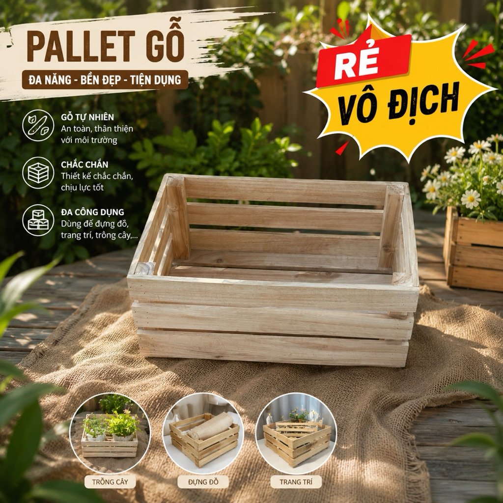Rẻ Vô Địch – Thùng Gỗ Pallet Gỗ Keo Decor Đa Năng Cao Cấp
